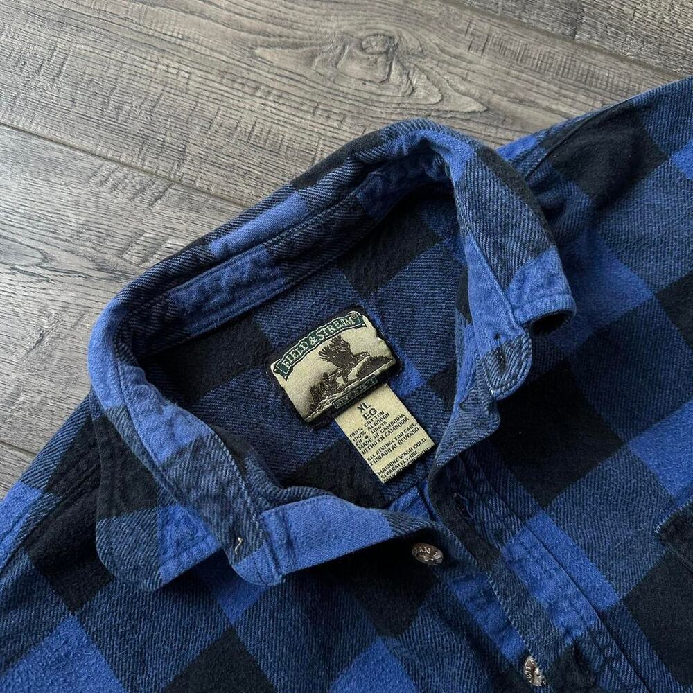 Vintage Faded Heavy Cotton Blue Black Flannel Work Shirt - Picture 3 of 5